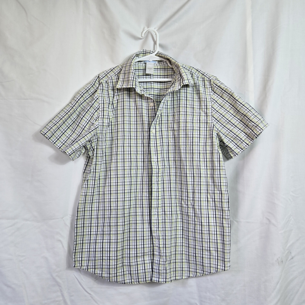 Janie & Jack Boys White Navy Yellow Plaid Short Sleeve Preppy Cotton Shirt 12‎
